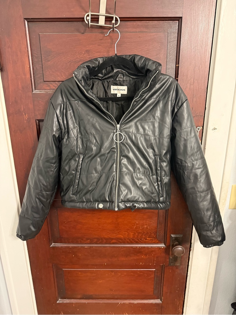 Vigoss Black Quilted Faux-Leather Puffer‎ Jacket with Ring-Zip